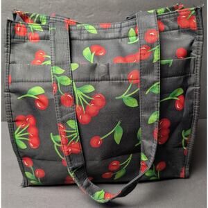 Joymax Wild Cherry Tote Bag Purse 12" BLACK SQUARE CANVAS NYLON Plus Coin Purse